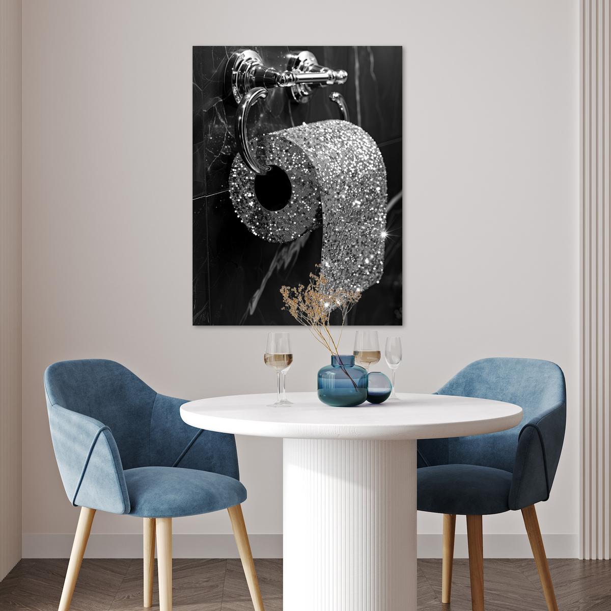 POSTER WC - Toilettenpapier - Schwarz und weiß - Glitter Deko Wohnzimmer 60x80 cm - Silberfarben, Papier (60/80/0.1cm) - MuchoWow