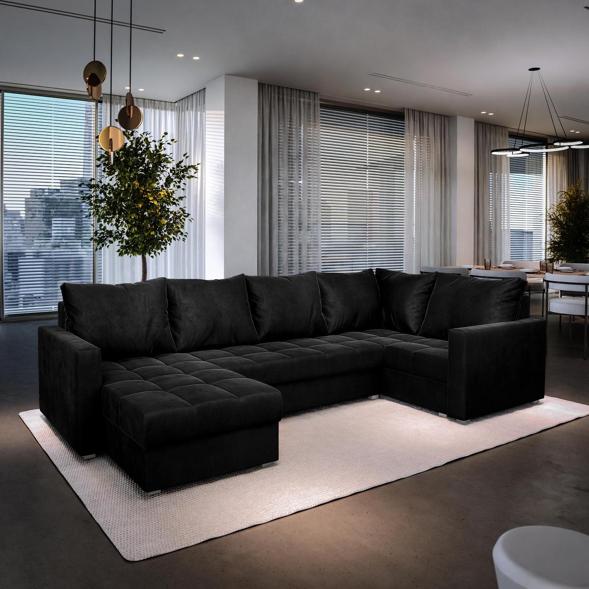 WOHNLANDSCHAFT LORIVO R-S Schwarz Plüsch-Stoff mit Schlaffunktion - Schwarz/Grau, Holz/Kunststoff (285/85/150cm) - MASSENO