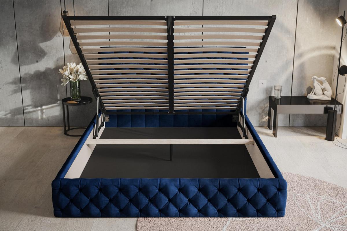BETT 120x200 - Polsterbett mit Bettkasten und Metallrahmen - Elegant Betten - Glatter Kronos-Stoff - Kollektion Miami, Blau - Blau, Holz/Textil (120/200cm) - Alpi-Möbel
