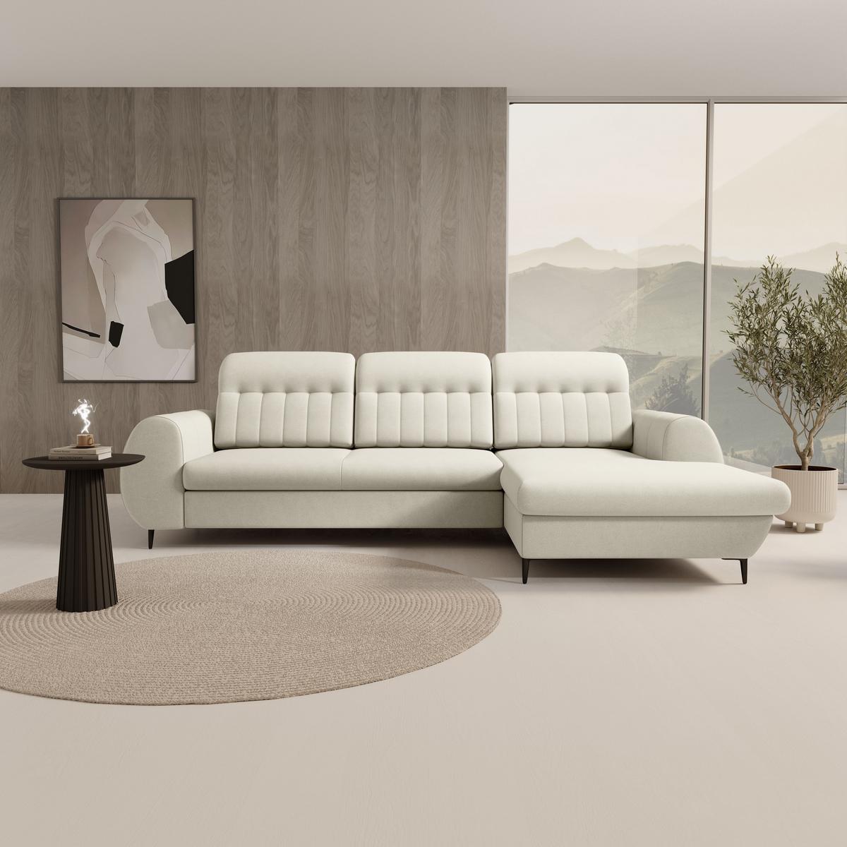 ECKSOFA PURO R-S Beige Plüsch-Stoff mit Schlaffunktion - Beige, Holz (275/166cm) - MASSENO