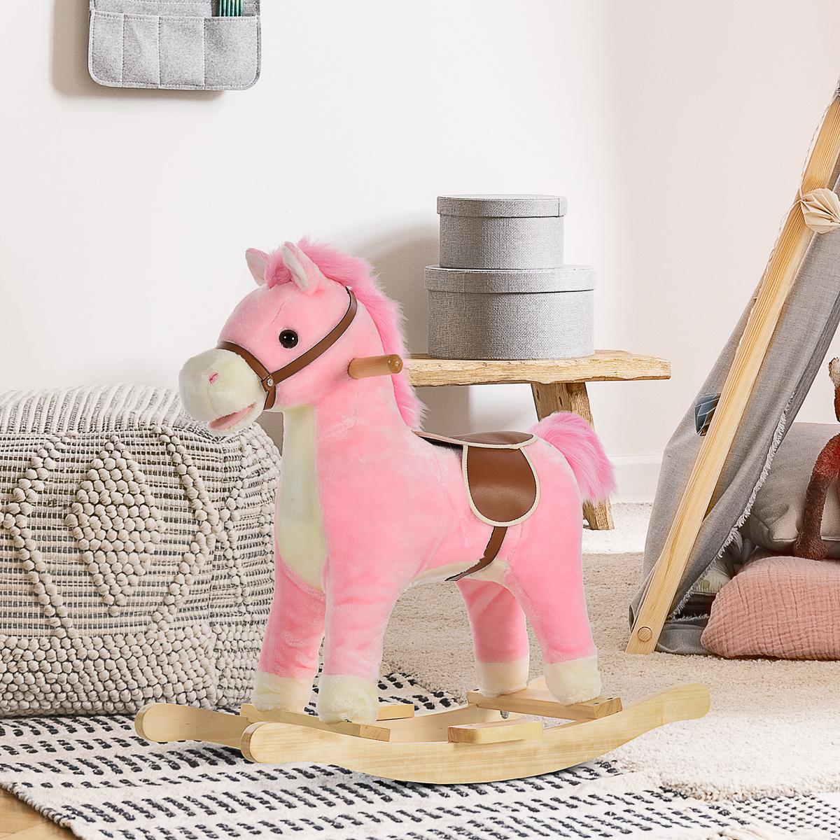 KINDER SCHAUKELTIER, Braun/Rosa, Plüsch+ Holz - Rosa, Holz (32.5/61/65cm) - HOMCOM
