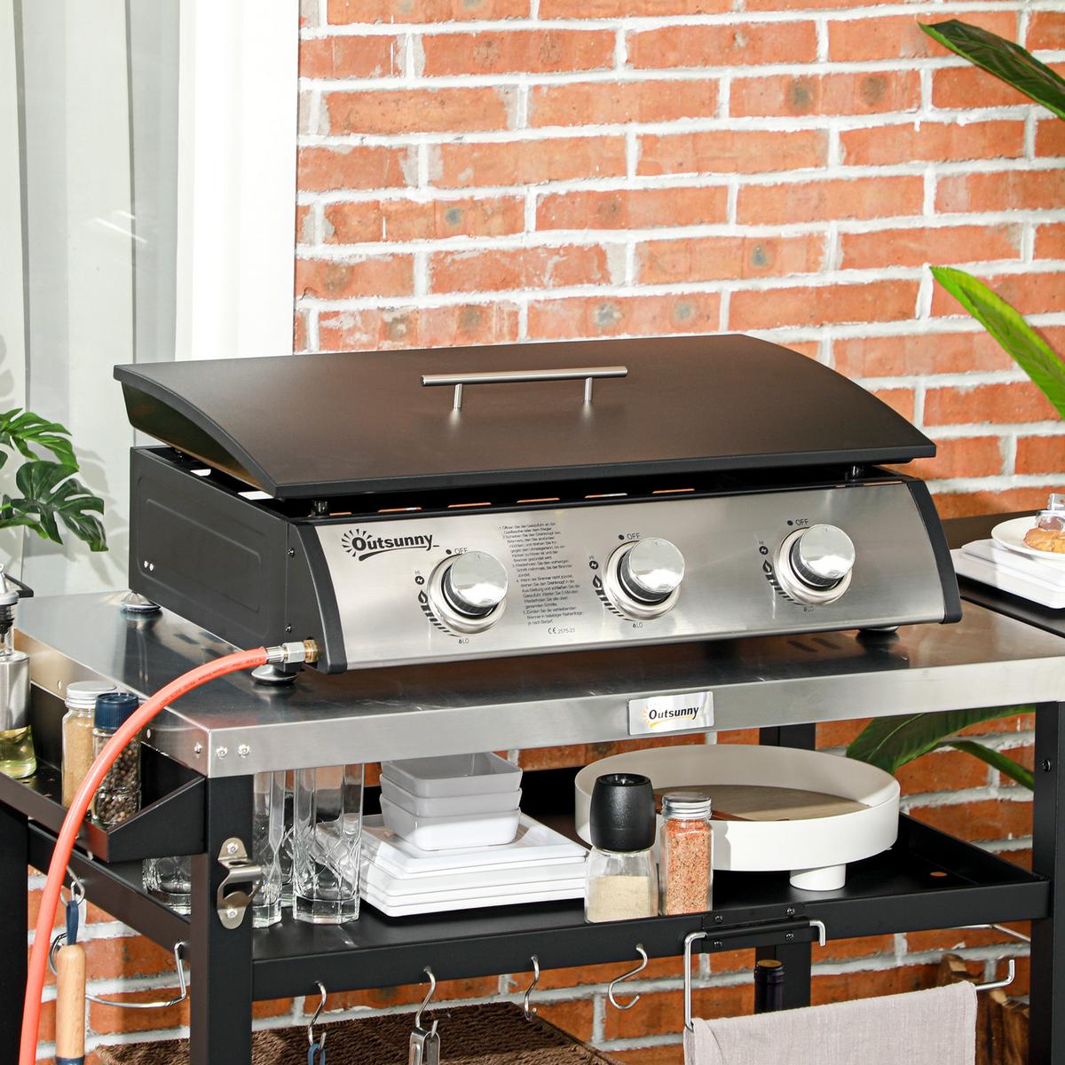 GASGRILL BBQ mit 3 Brennern, Edelstahl, Metall, Schwarz, 63 x 47 x 25 cm - Schwarz, Metall (47/25/63cm) - Outsunny