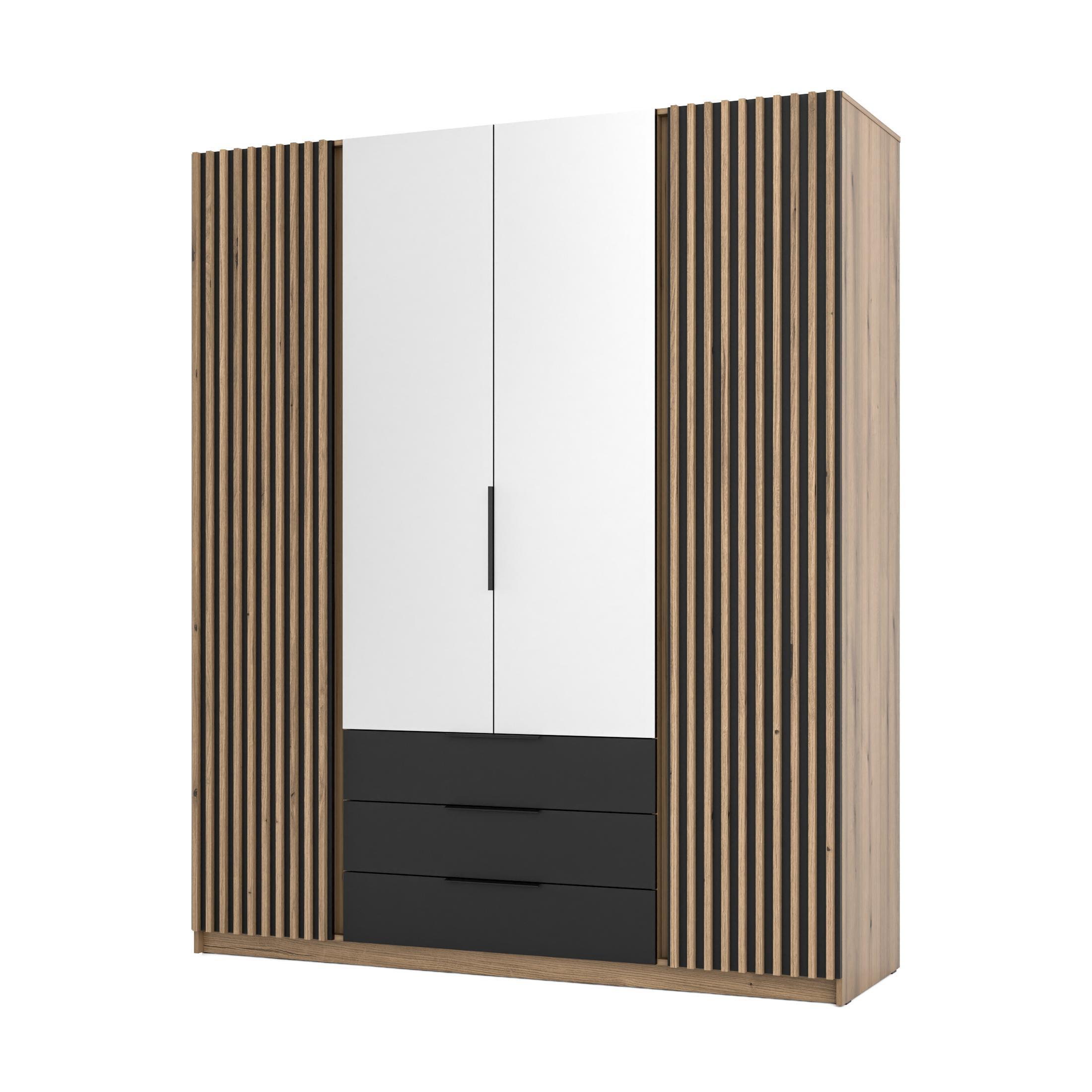 KLEIDERSCHRANK Nehir Korpus Eiche Evoke, Front Schwarz/Eiche Evoke 200 cm - 4T3S Modern mit Schubladen, Lamellentüren außen und Spiegeln mittig - Eichefarben/Schwarz, Holzwerkstoff/Kunststoff (200/239/61.9cm) - AX Living
