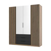 KLEIDERSCHRANK Nehir Korpus Eiche Evoke, Front Schwarz/Eiche Evoke 200 cm - 4T3S Modern mit Schubladen, Lamellentüren außen und Spiegeln mittig - Eichefarben/Schwarz, Holzwerkstoff/Kunststoff (200/239/61.9cm) - AX Living