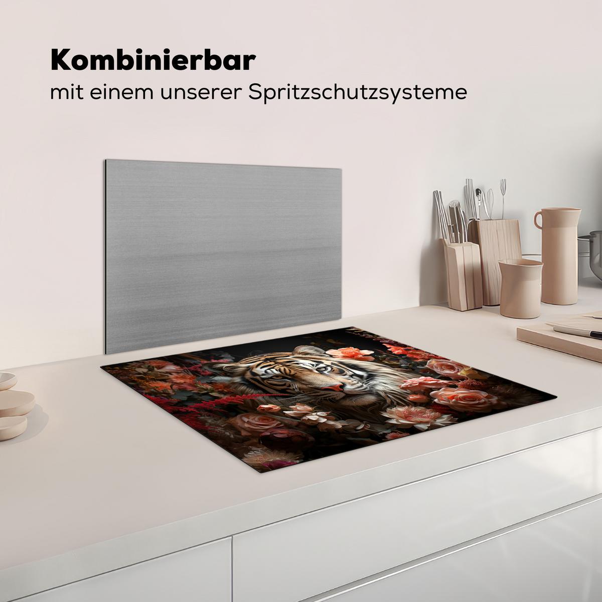HERDABDECKPLATTE Tiger - Tier - Natur - Floral - Botanisch Herdabdeckung Induktionsfeld 65x52 cm - Orange, Kunststoff (65/52/0.2cm) - MuchoWow