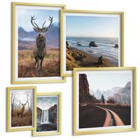 BILDER SET 5er Set - 50x50 cm & 20x30 cm & 40x60 cm Goldrahmen - Berglandschaften, Wasserfälle, Hirsche, Strände - Goldfarben, Kunststoff (40/60cm) - TULUP