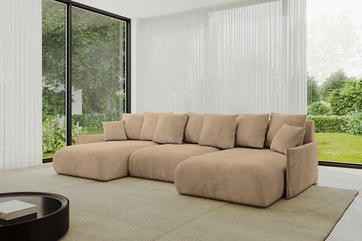WOHNLANDSCHAFT mit Schlaffunktion und Bettkasten ONESK-U-v1 317x177x72 Beige Velours - Beige, Holzwerkstoff/Kunststoff (317/72/177cm) - ALTDECOR