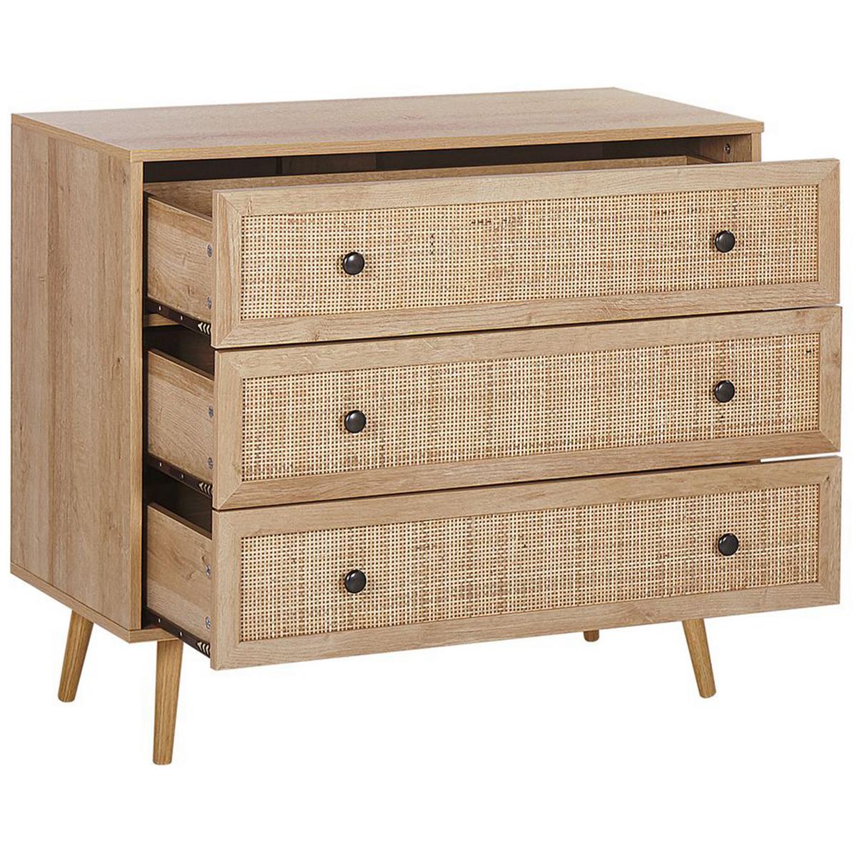 KOMMODE 3 Schubladen Rattan heller Holzfarbton Ponca - Hellbraun/Schwarz, Holzwerkstoff (90/79/40cm) - Beliani