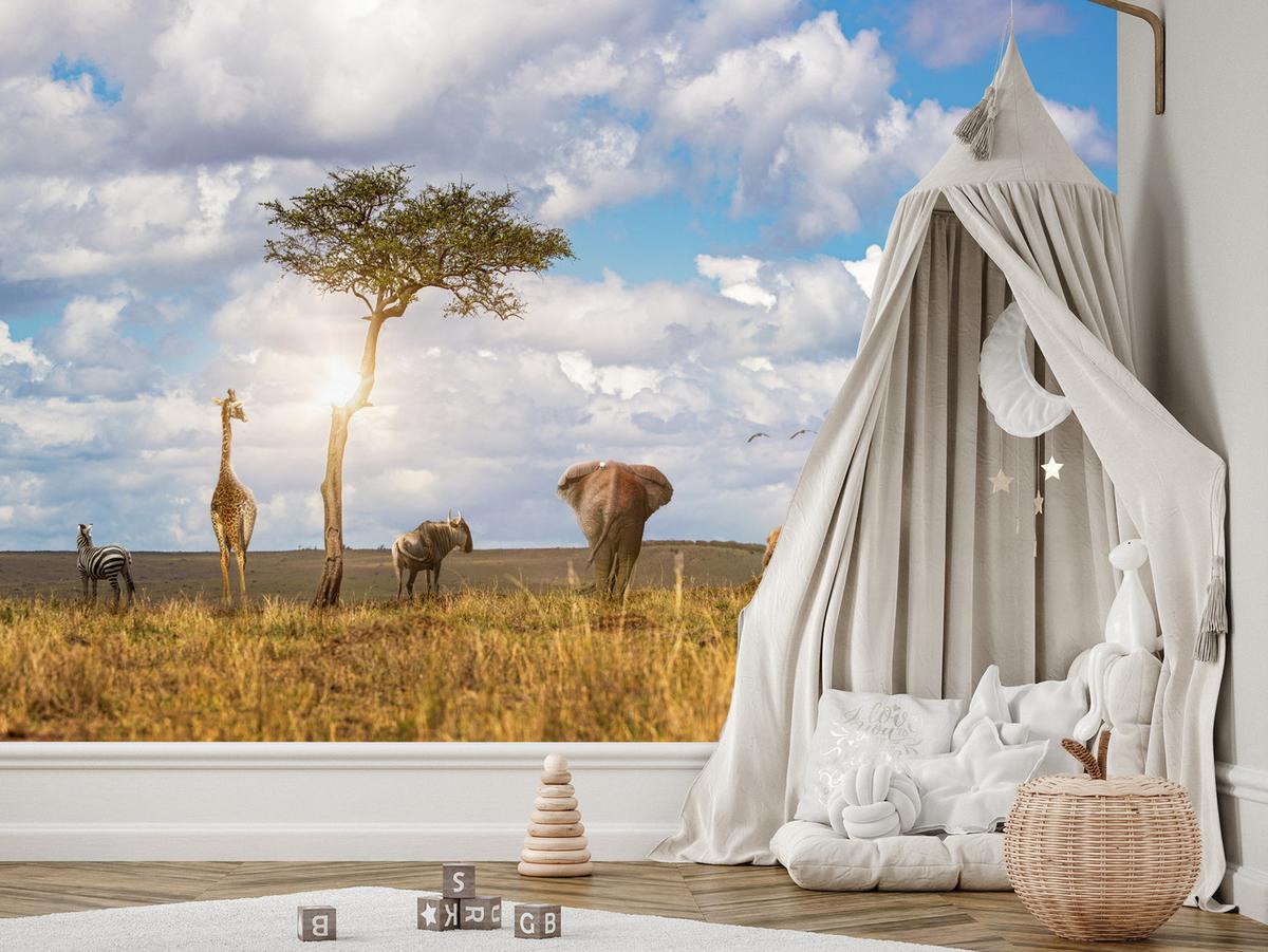 FOTOTAPETE für Kinderzimmer Safari Tiere Elefant Giraffe Löwe 200x140 - Beige/Braun, Papier (200/140cm) - Muralo