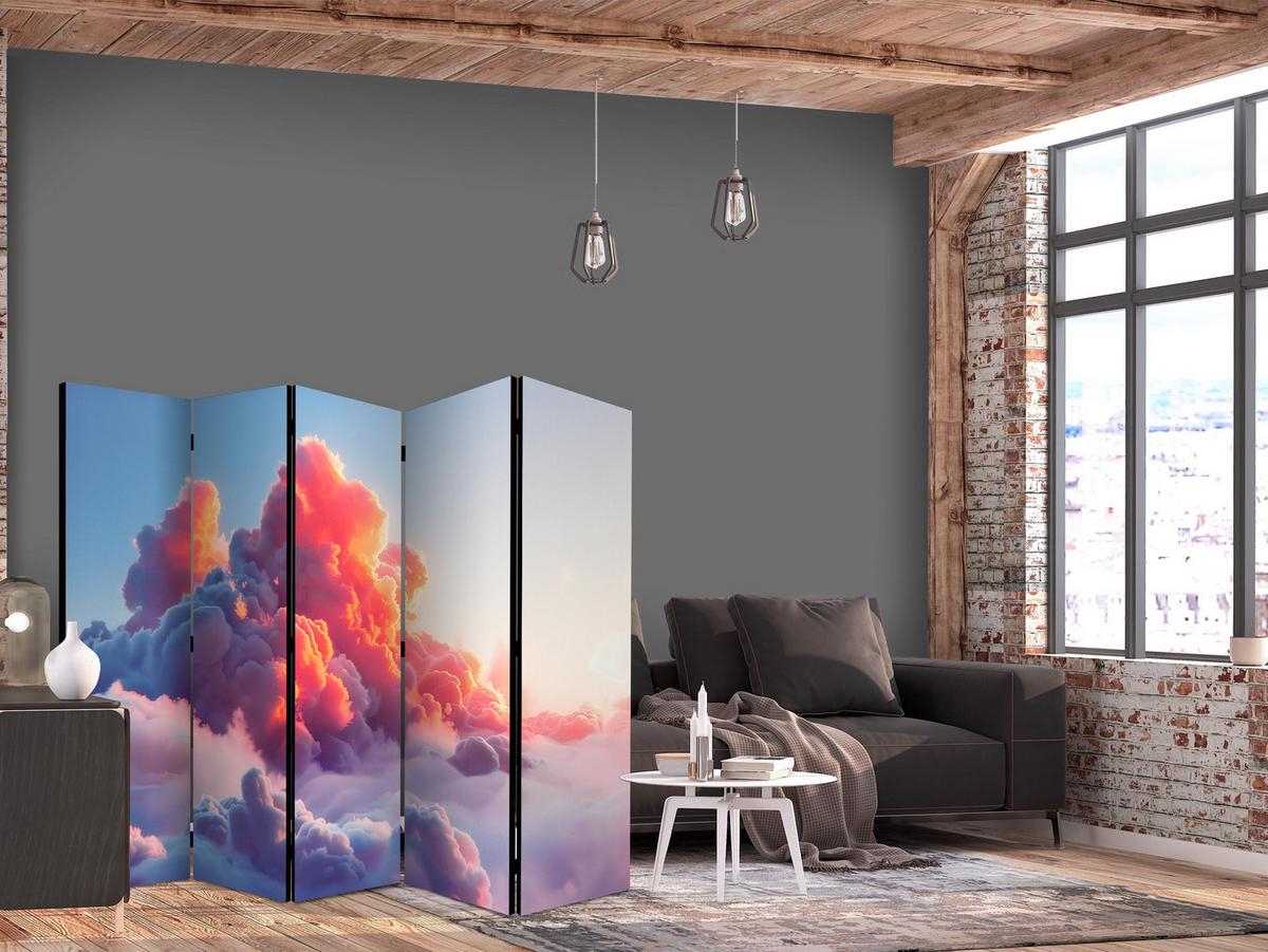 PARAVENT Akustik 5-tlg 225x172 cm Wolken Himmel 3D - Rot, Holz/Textil (225/172/3cm) - Muralo