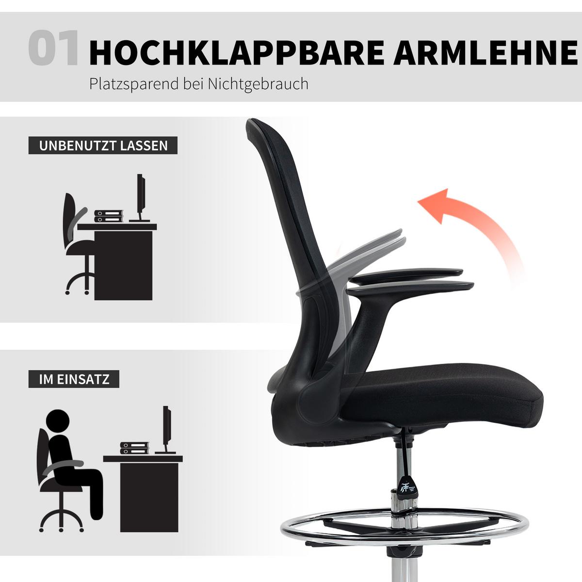 BÜROSTUHL Schreibtischstuhl mit verstellbarer Fußring Lendenwirbelstütze Schwarz - Schwarz, Textil (59/119/62cm) - HOMCOM