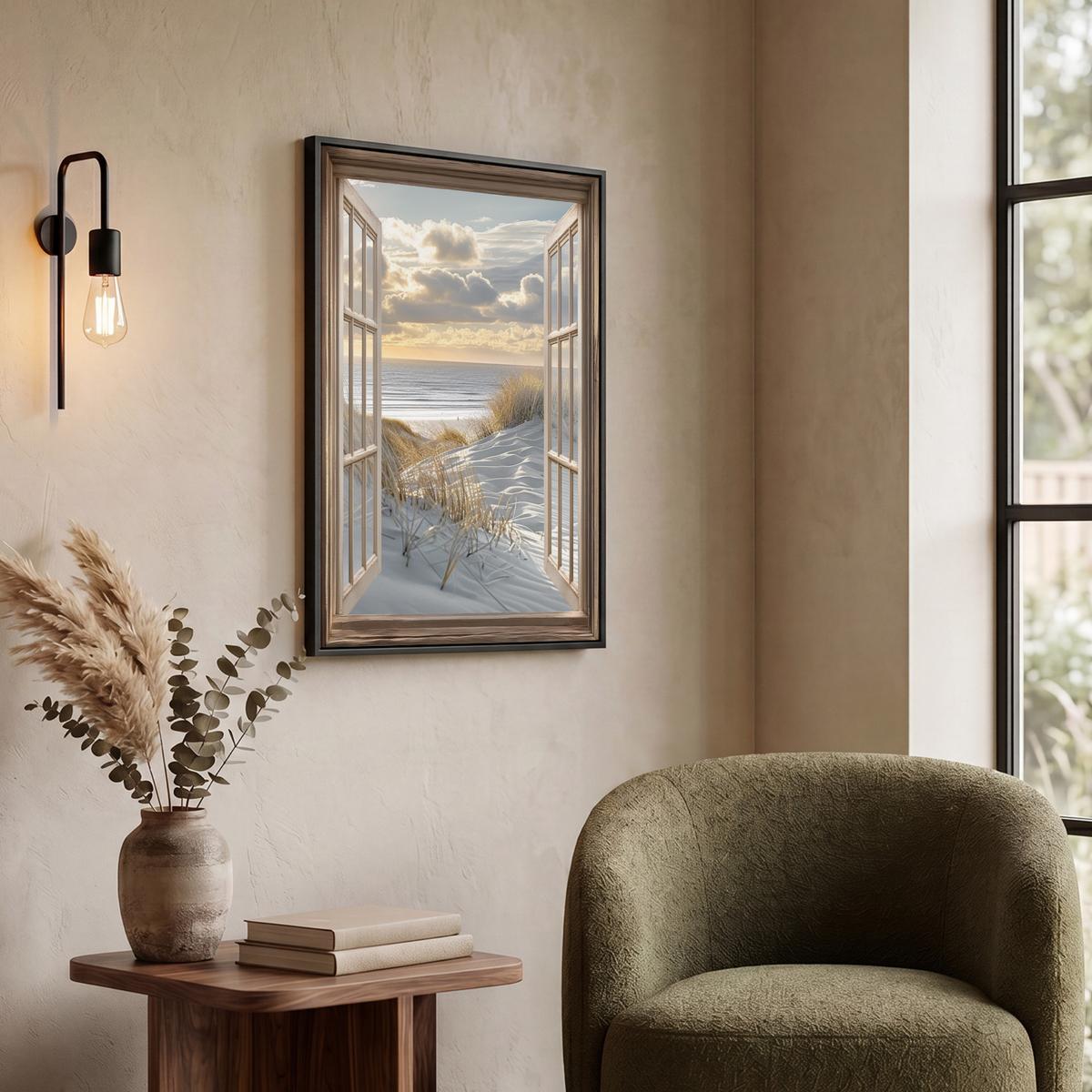 LEINWAND Bilder mit Rahmen - Ausblick - Strand - Dünen - Meer - Natur - 50x70 - Sandfarben, Textil (50/70cm) - MuchoWow