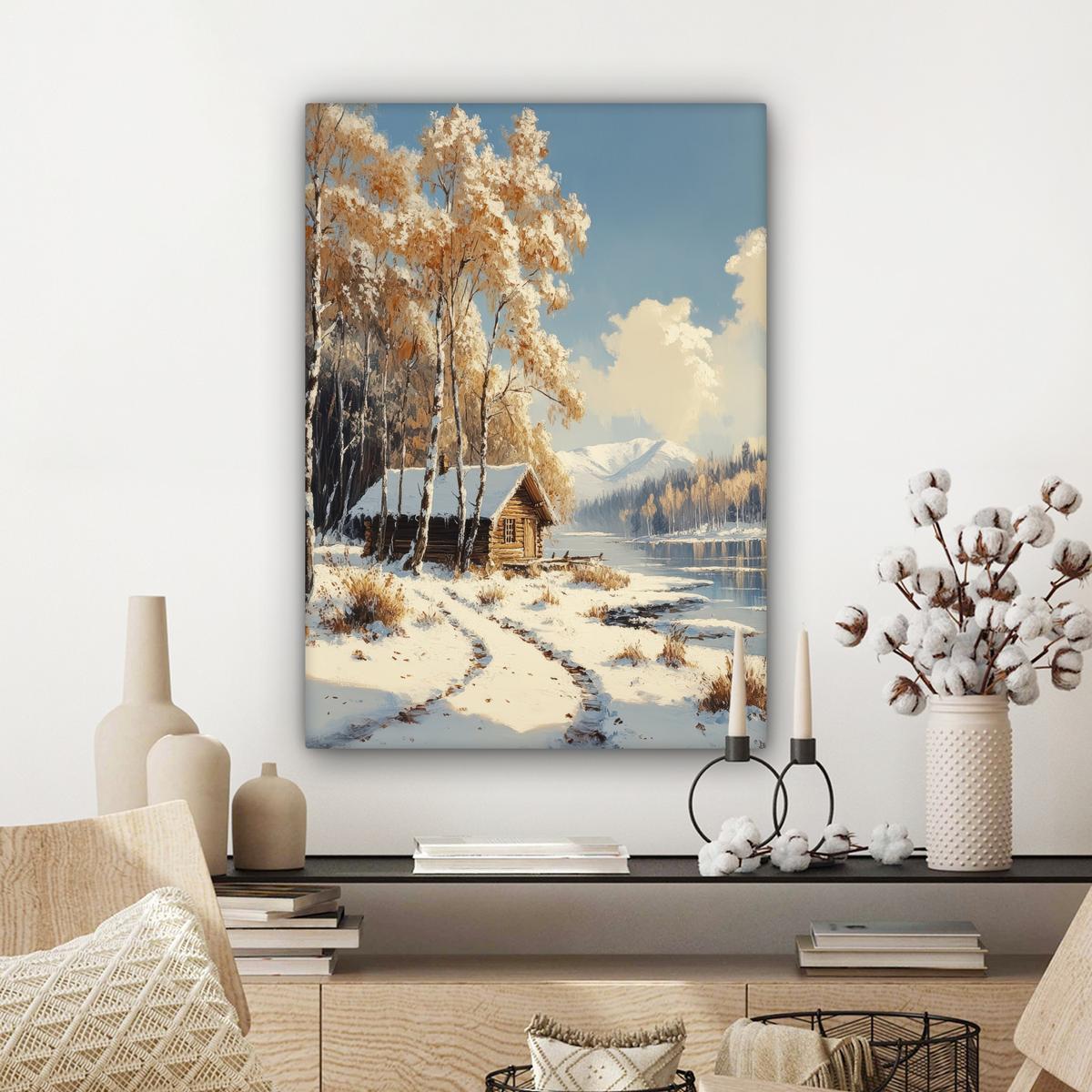 LEINWANDBILD Winter - Schnee - Zuhause - Natur Wandbild Wohnzimmer 60x80 cm - Hellbraun, Textil (60/80cm) - MuchoWow