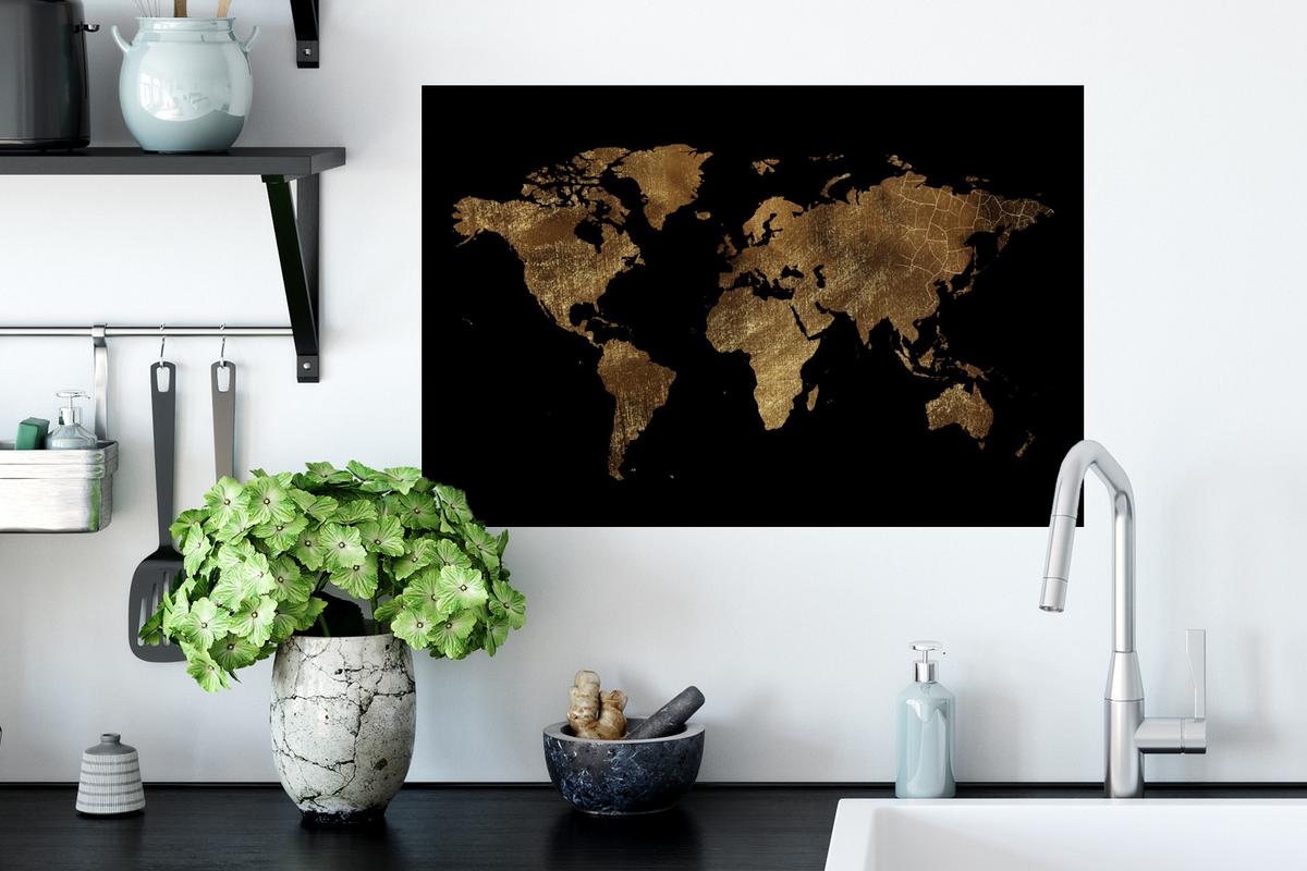 WANDTATTOO Weltkarte - Gold - Luxus - Erde - Schwarz Deko Wohnzimmer 60x40 cm - Goldfarben, Kunststoff (60/40/0.1cm) - MuchoWow