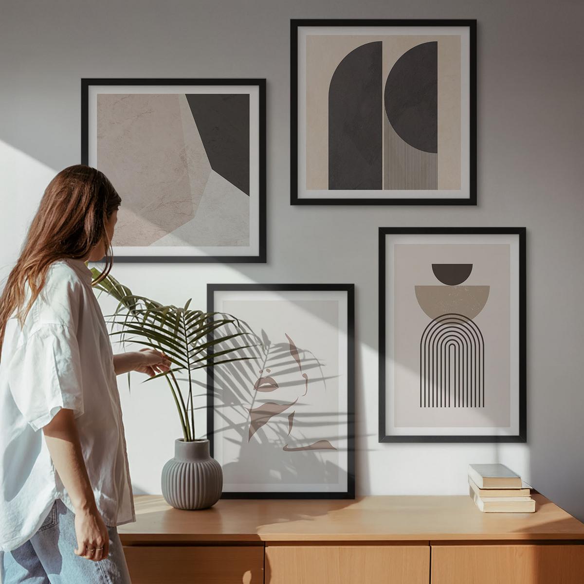BILDER SET 4er Set - 50x50 cm & 40x60 cm Schwarzer Rahmen - Abstrakte weiß-braune Muster - Schwarz, Kunststoff (50/50cm) - TULUP