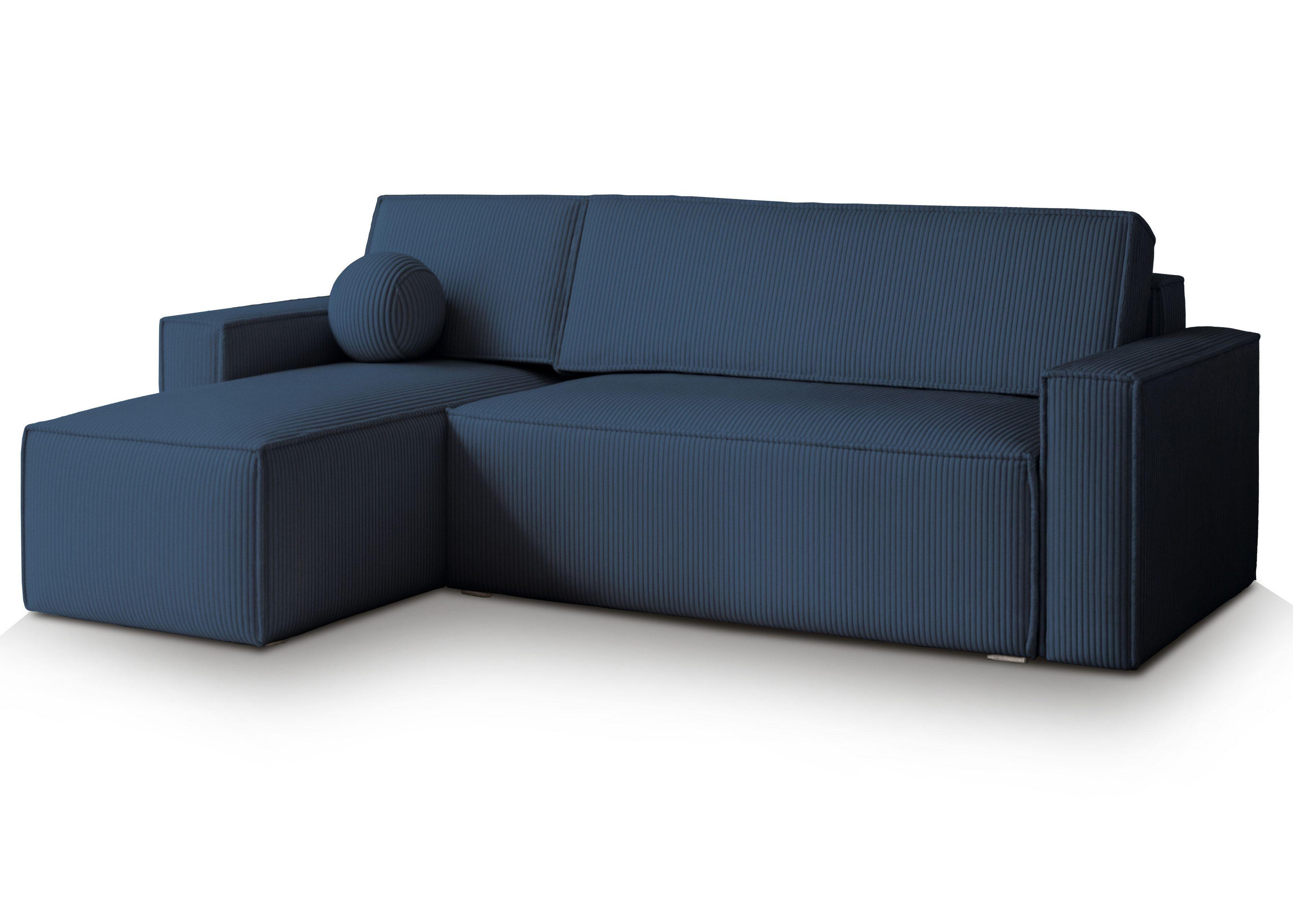 ECKSOFA RAVELO P Blau Kordstoff mit Schlaffunktion - Blau/Grau, Holz/Kunststoff (240/140cm) - MASSENO