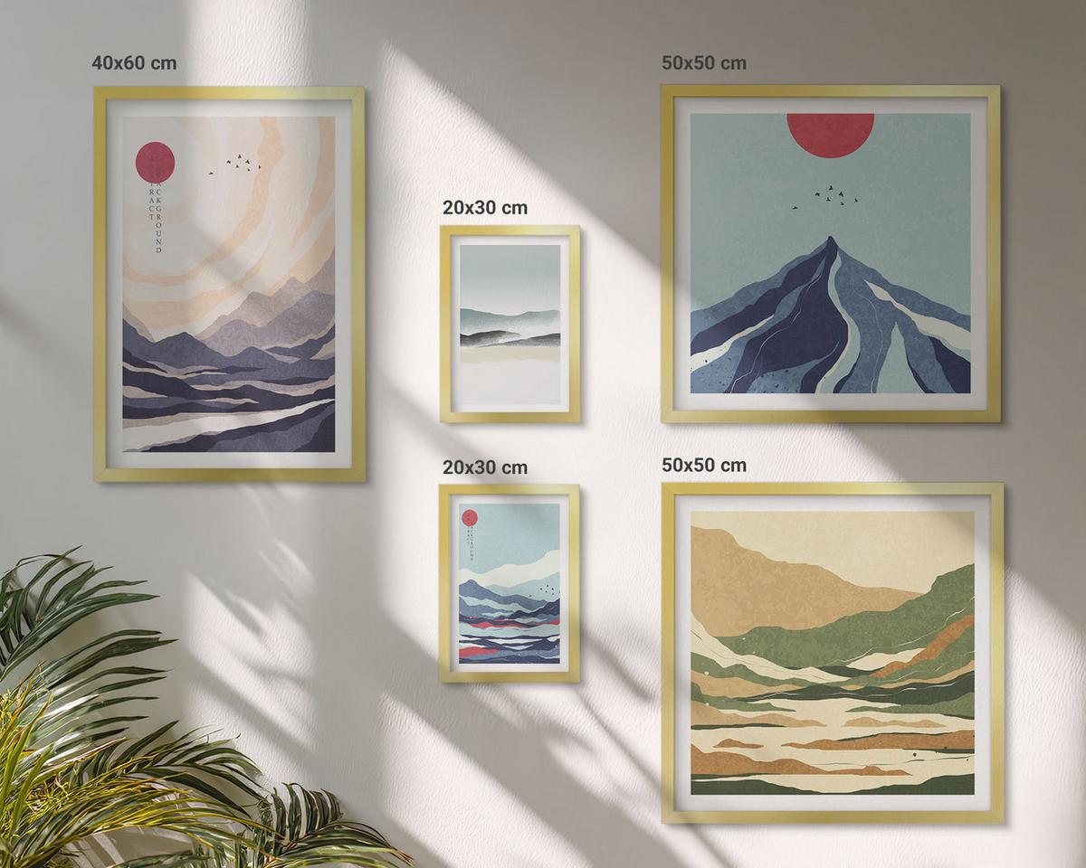 BILDER SET 5er Set - 50x50 cm & 20x30 cm & 40x60 cm Goldrahmen - Farbenfrohe abstrakte Flussberge - Goldfarben, Kunststoff (40/60cm) - TULUP