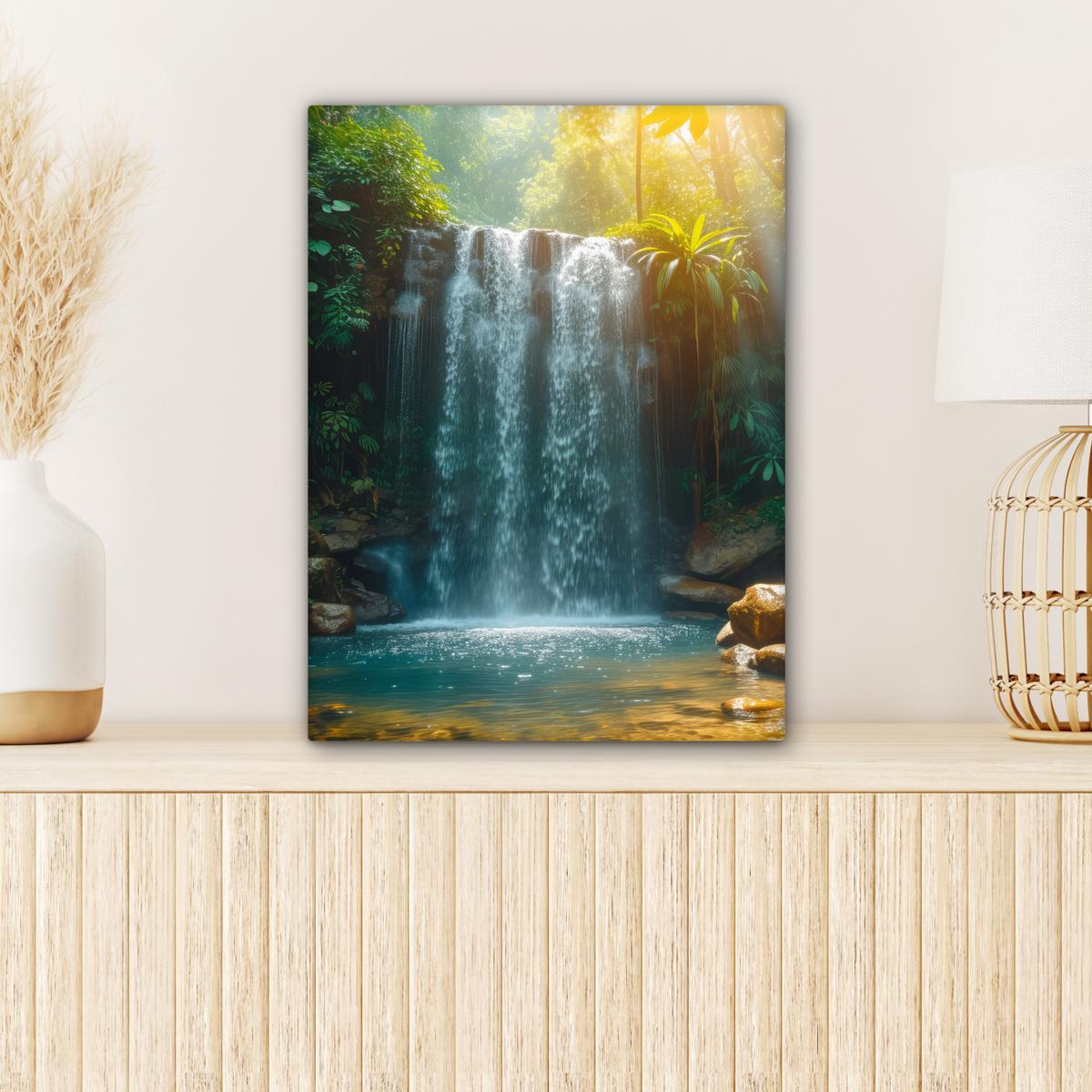 LEINWANDBILD Wasserfall - Dschungel - Sonne - Grün - Natur Room Decor 30x40 cm - Grün, Textil (30/40cm) - MuchoWow