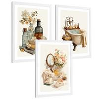 POSTER 3er-Set dekorative Badezimmer-Wandbilder und, Vintage-Stil für Waschbecken, Dusche, WC mit Badewanne, Blumen und Spiegel Weißer Rahmen A4 - Weiß, Papier (29.7/21/3cm) - Nacnic