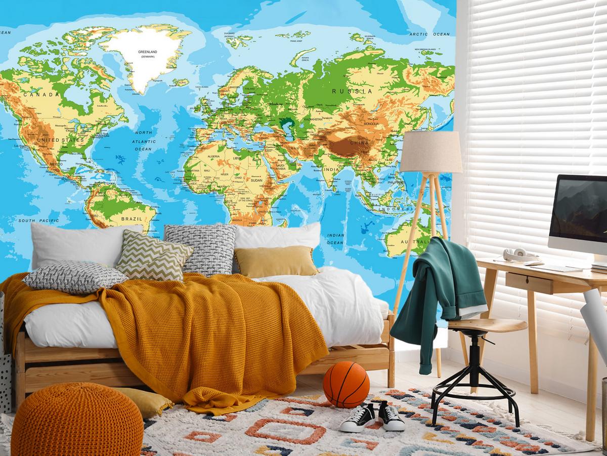 FOTOTAPETE für Wohnzimmer Physische Weltkarte Schriften 350x256 - Blau/Gelb, Papier (350/256cm) - Muralo