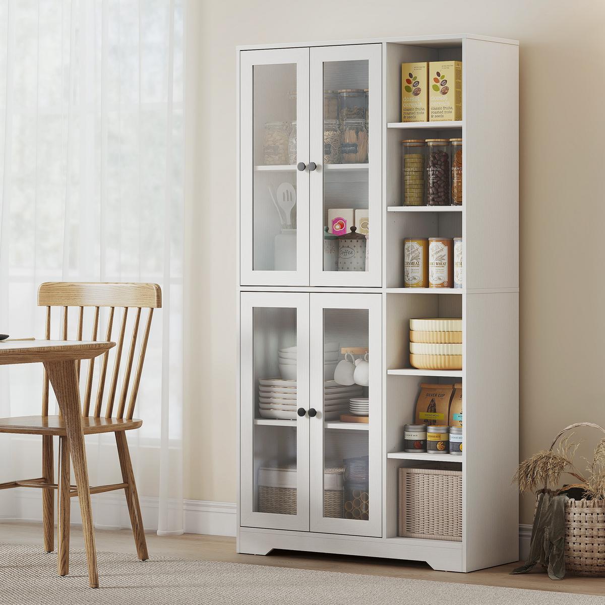 KÜCHENSCHRANK Buffetschrank mit 4 Soft-Close-Glastüren 6 offenen Fächern Weiß - Schwarz/Weiß, Holzwerkstoff/Metall (35/172/90cm) - HOMCOM