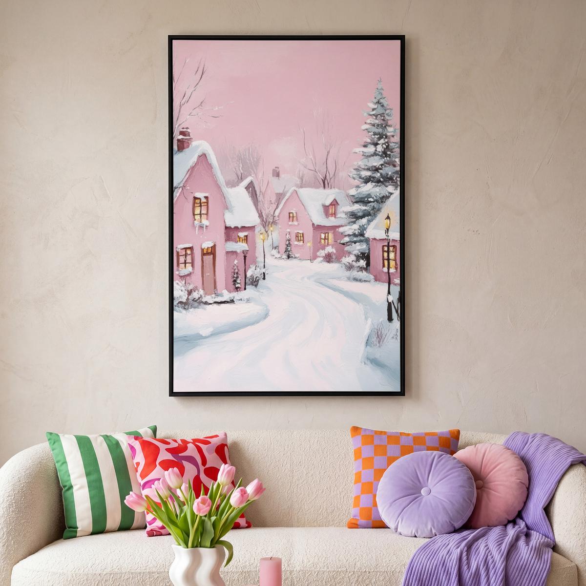 LEINWAND Bilder mit Rahmen - Weihnachtsdorf - Rosa - Winter - Schnee - Häuser - 90x140 - Altrosa, Textil (90/140cm) - MuchoWow