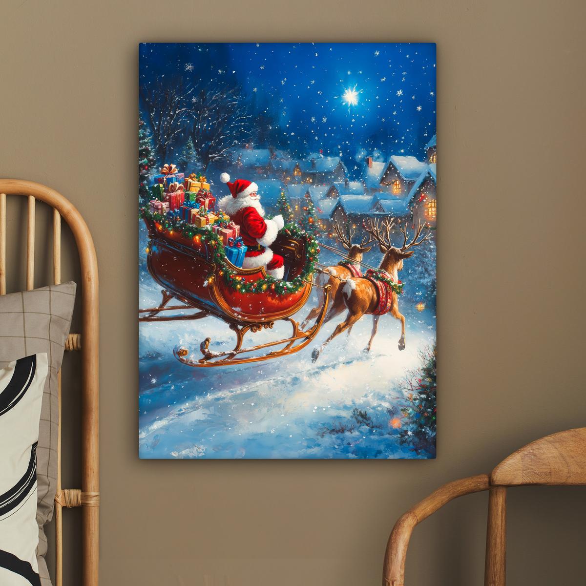 LEINWANDBILD Weihnachtsmann - Rentier - Weihnachten - Schnee Wandbild Wohnzimmer 60x80 cm - Cognac, Textil (60/80cm) - MuchoWow