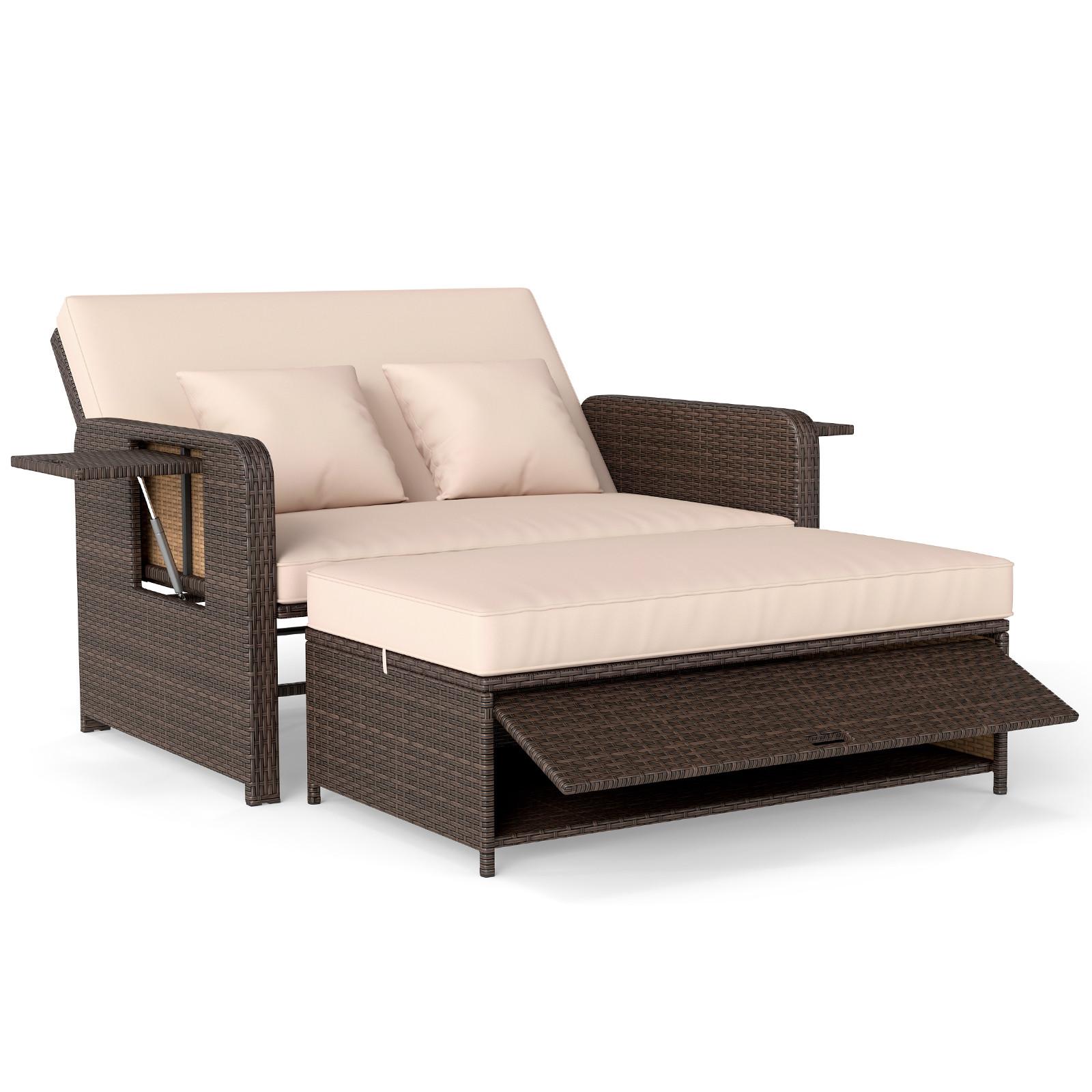 SONNENLIEGE mit Hocker und Stauraum braun - Braun, Metall (166/55/111cm) - COSTWAY