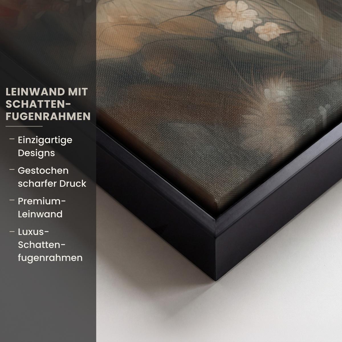 LEINWAND Bilder mit Rahmen - Löwe - Wildtiere - Pflanzen - Natur - Blumen - 80x60 - Beige, Textil (80/60cm) - MuchoWow