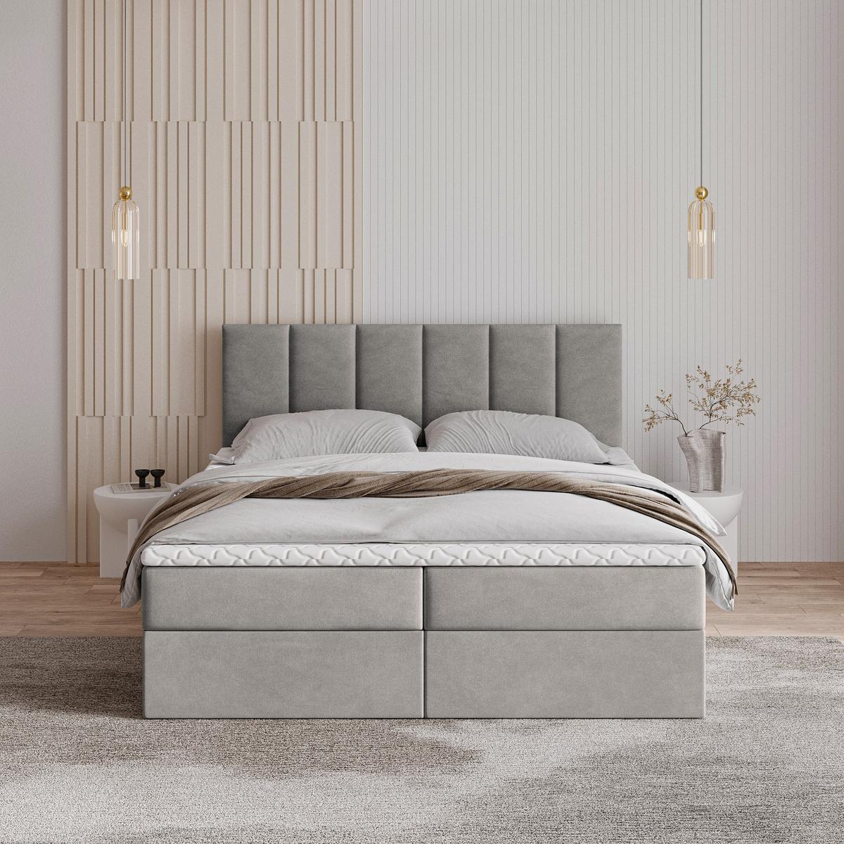 BOXBETT MERIL 180x200 cm mit Matratze und Topper - Grau - Grau, Holz (180/200cm) - MASSENO