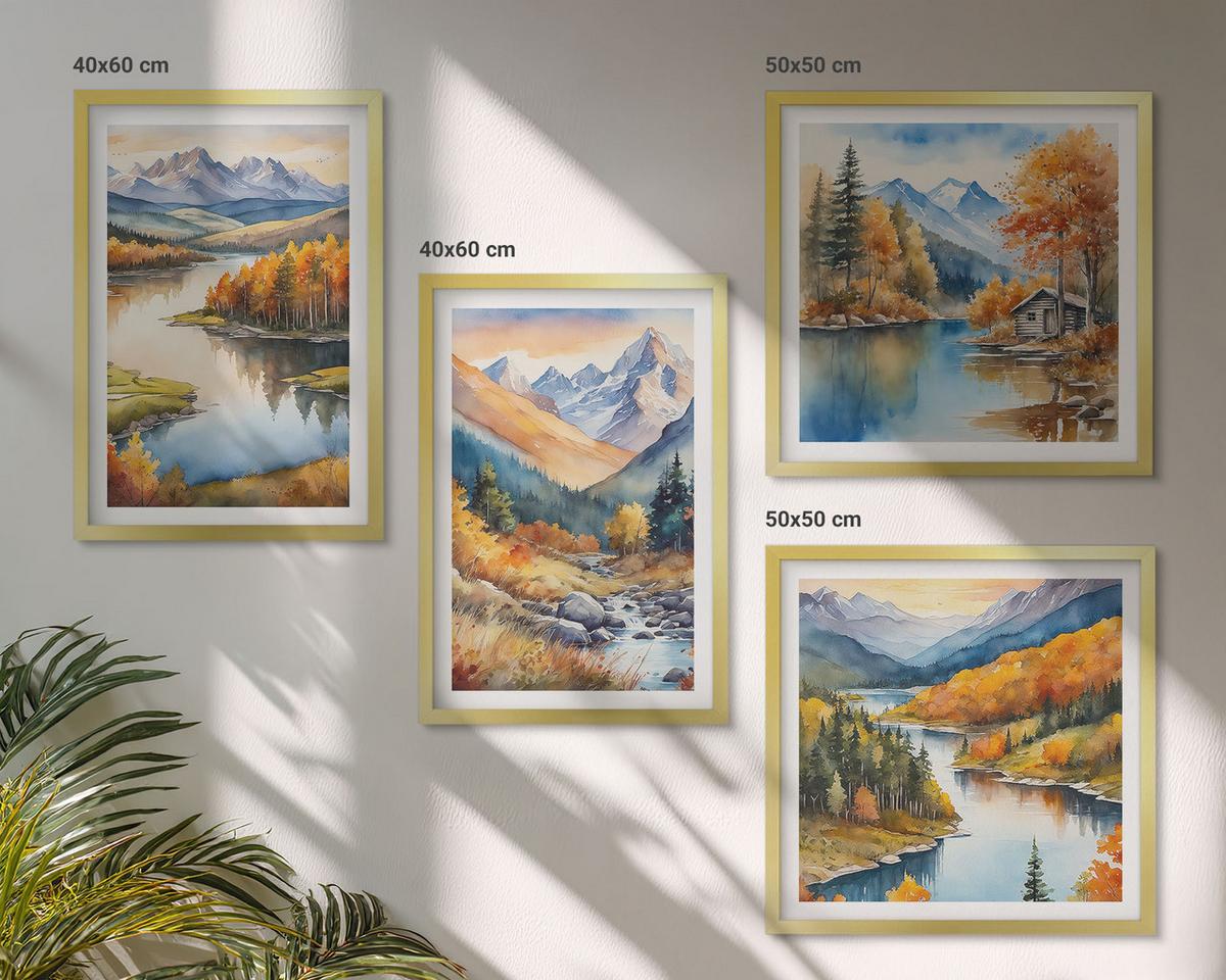 BILDER SET 4er Set - 50x50 cm & 40x60 cm Goldrahmen - Bergblick, Fluss, Herbst - Goldfarben, Kunststoff (50/50cm) - TULUP