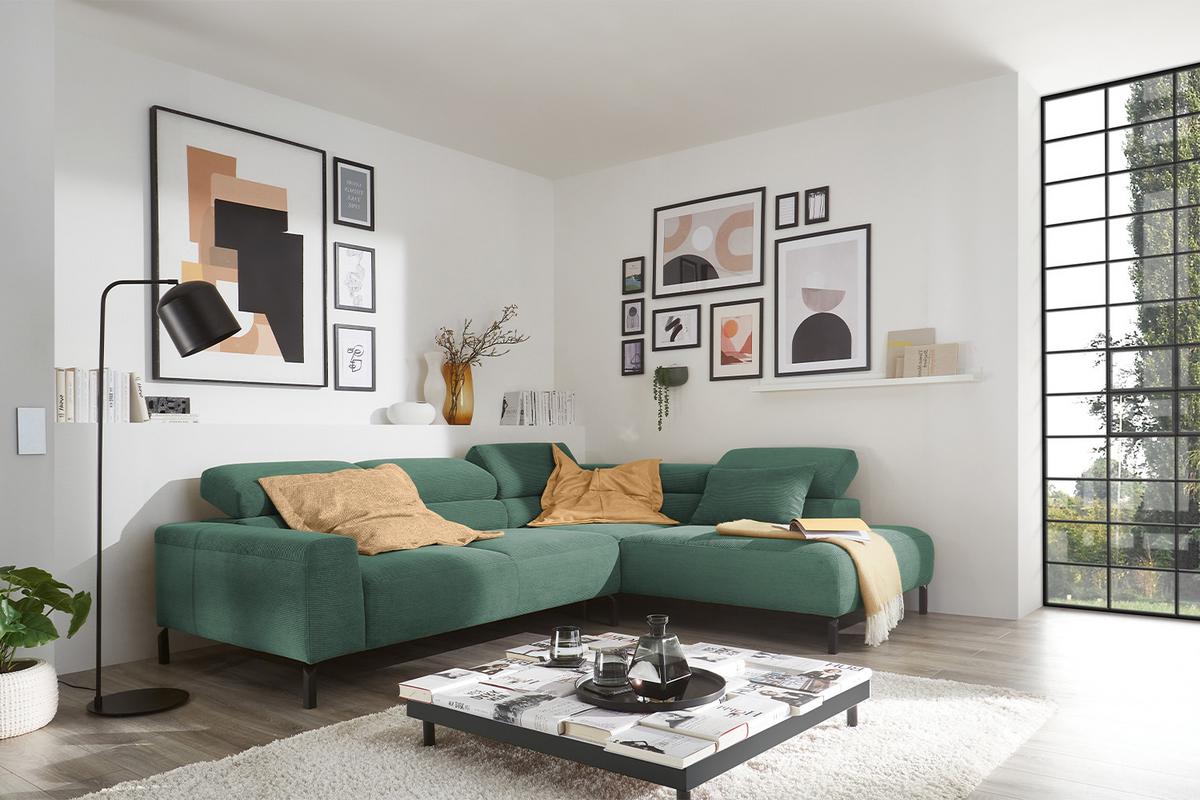 ECKSOFA DELIA Smaragdgrün Cord - Smaragdgrün/Schwarz, Textil/Metall (276/219cm) - KAWOLA