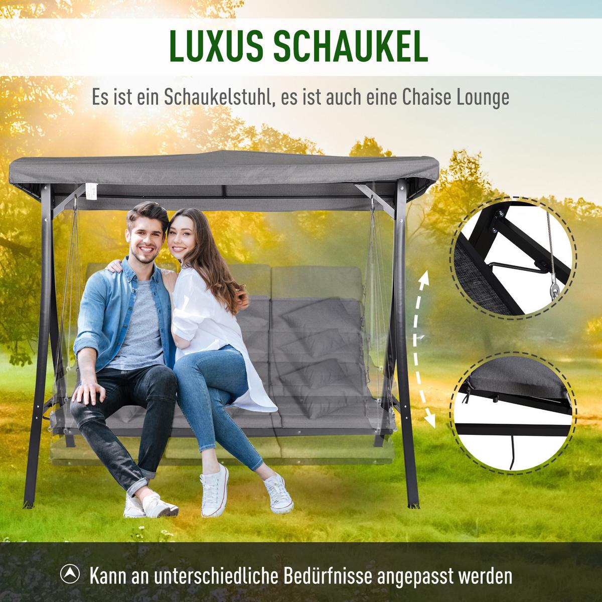 HOLLYWOODSCHAUKEL, mit Sonnendach,Metall, Texteline, Grau, 200 x 115 x 168 cm - Grau, Metall (115/168/200cm) - Outsunny