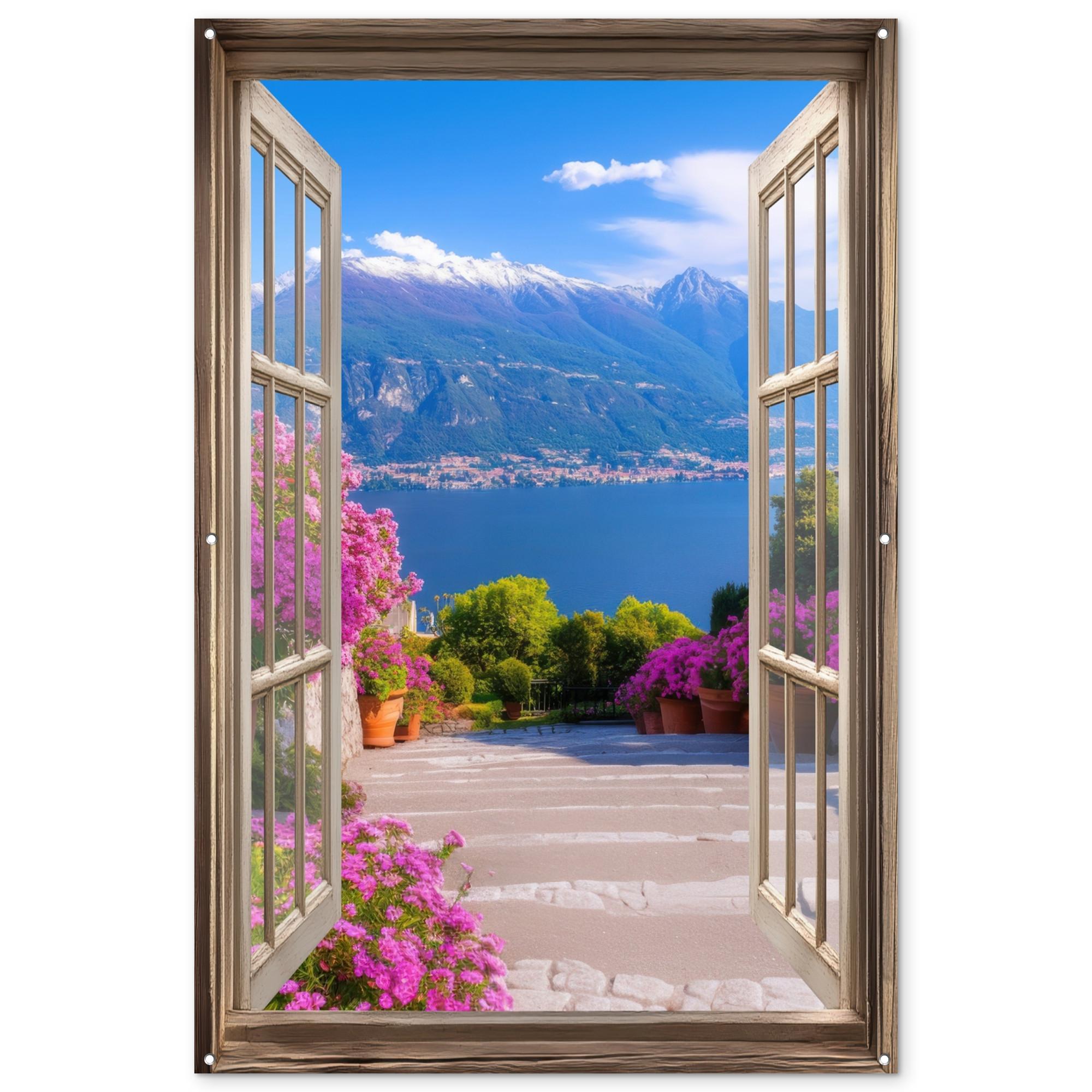 GARTENPOSTER Durchblick - Berg - Landschaft - Ausblicke - See Bild 120x180 cm - Blau, Kunststoff (120/180/0.2cm) - OnlyWow