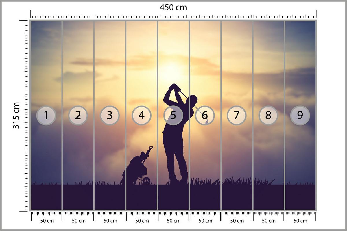 FOTOTAPETE für Jugendzimmer Golfer Sonnenuntergang Silhouette Sport 450x315 - Gelb/Violett, Papier (450/315cm) - Muralo