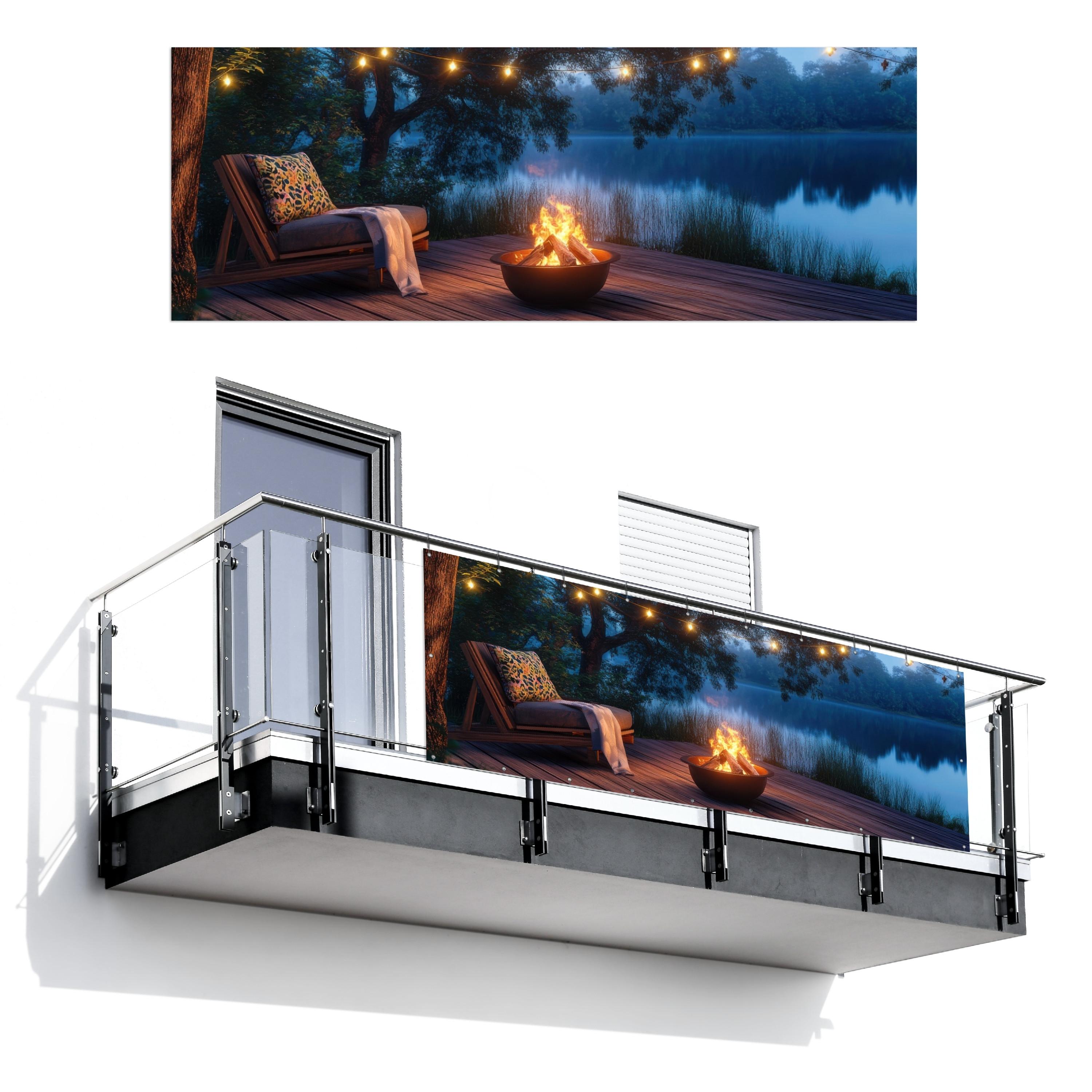 BALKON-SICHTSCHUTZ Lagerfeuer - See - Abendlicht Balkon Deko 300x110 cm - Dunkelblau, Kunststoff (300/110cm) - MuchoWow