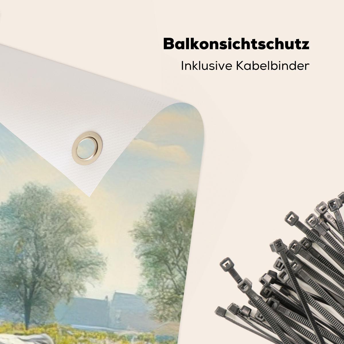 BALKON-SICHTSCHUTZ Kühe - Windmühle - Wiese - Blau Windschutz 300x100 cm - Grün, Kunststoff (300/100cm) - MuchoWow