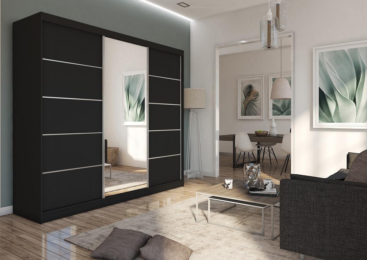 SCHWEBETÜRENSCHRANK MIRELLA 240/216/61 cm 3-türig mit Spiegel Schwarz - Schwarz, Holzwerkstoff (240/216/61cm) - MASSENO