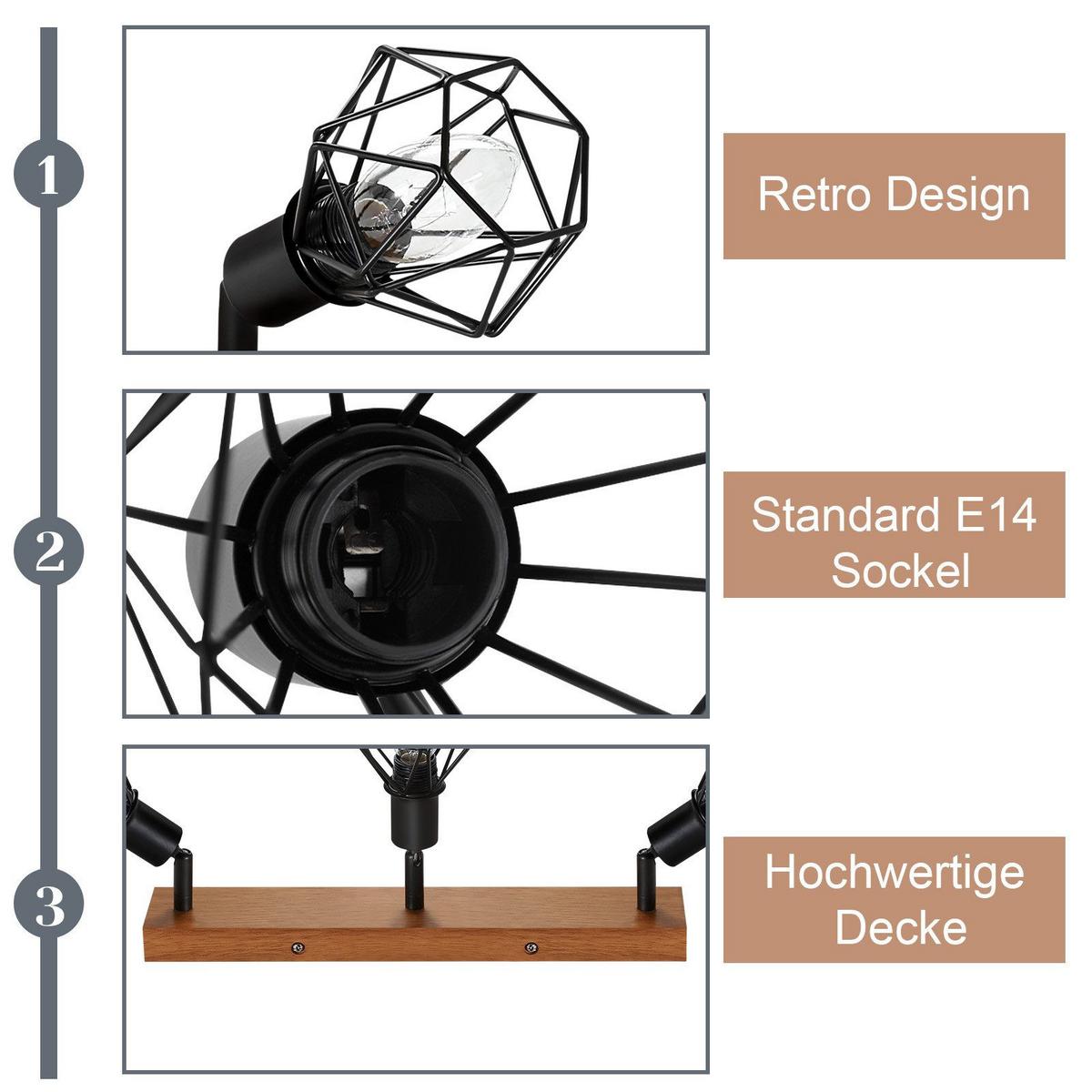 DECKENSTRAHLER Ford 3-flammig 11/21.5/36 cm - Schwarz, Metall (11/21.5/36cm) - Nettlife
