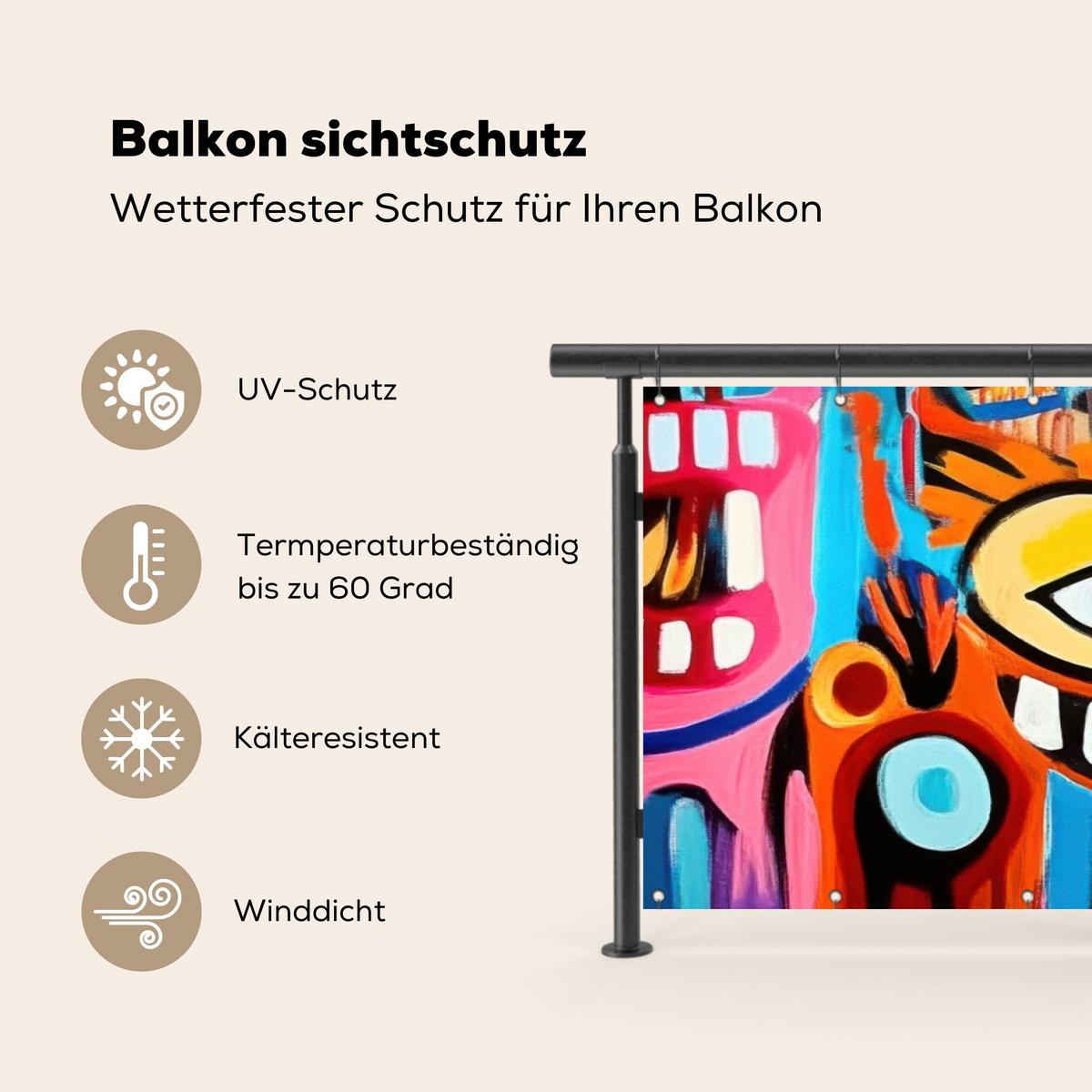 BALKON-SICHTSCHUTZ Abstrakt - Gesicht - Farbenfroh Windschutz 300x95 cm - Multicolor, Kunststoff (300/95cm) - MuchoWow
