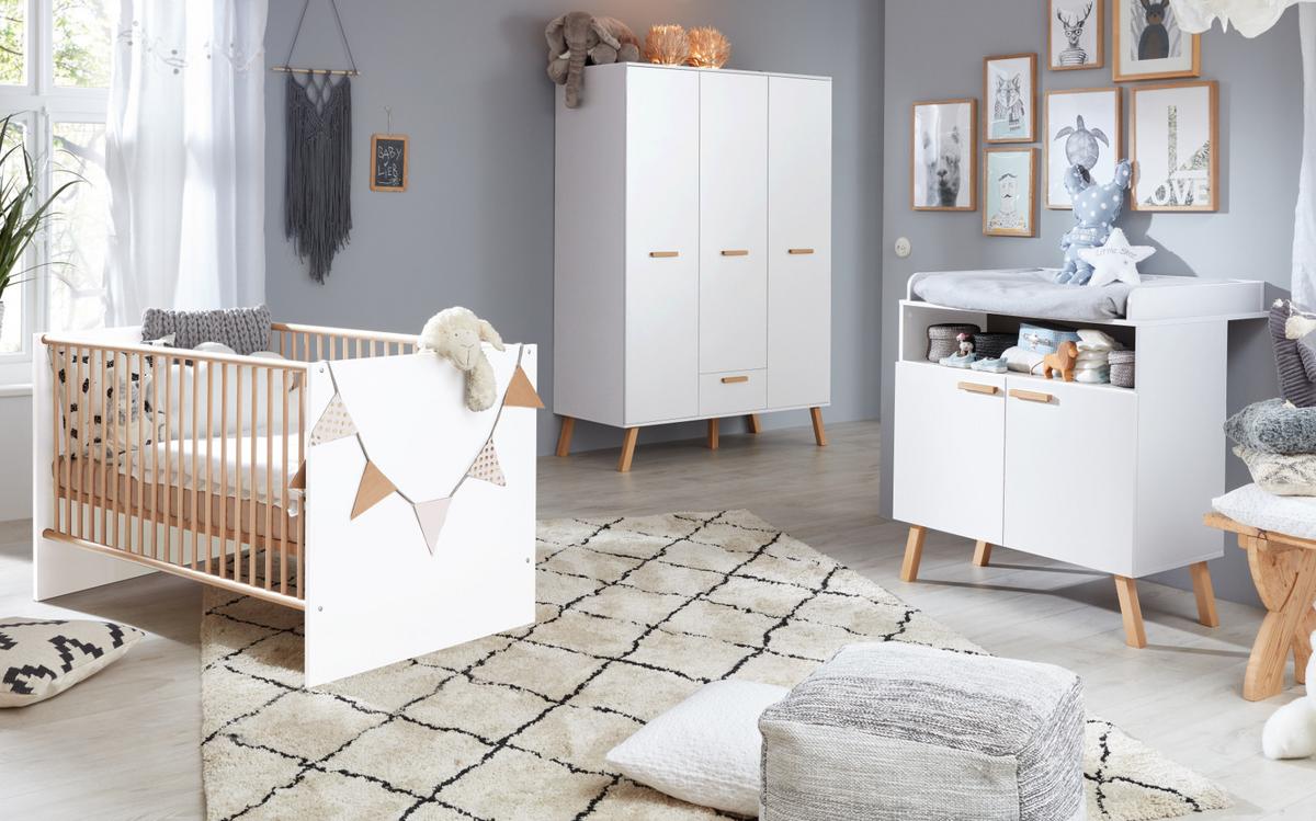 KLEIDERSCHRANK weiß matt mit Buche massiv, 3-türig 130 x 190 cm für Baby- und Kinderzimmer - Eichefarben/Buchefarben, Holz/Holzwerkstoff (60/190/130cm) - Top.Furn