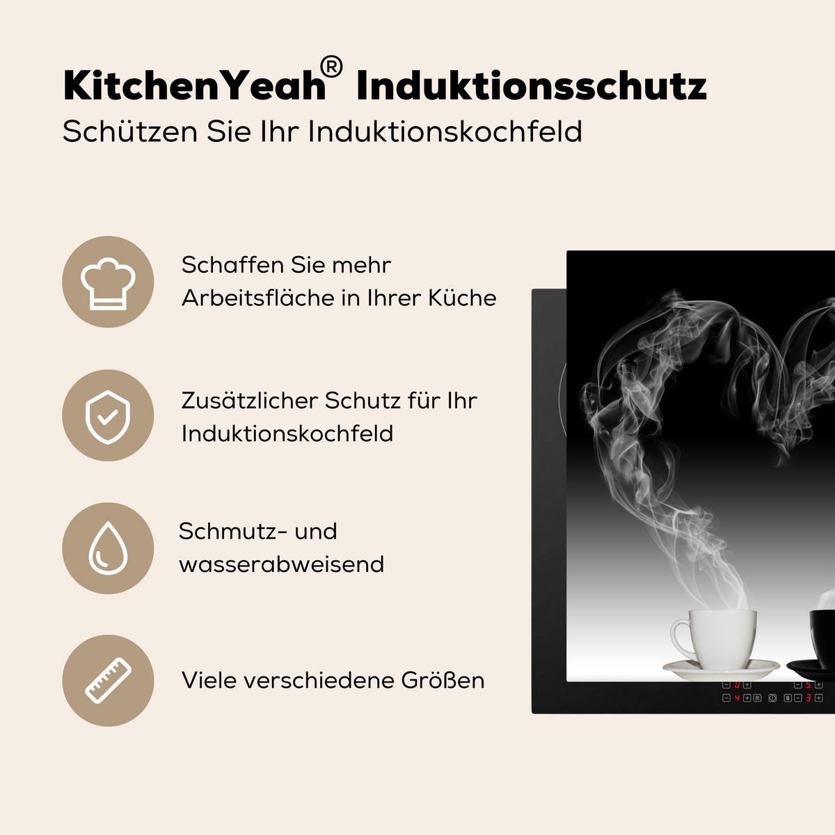 HERDABDECKPLATTE Kaffee - Herz - Schwarz und weiß - Tassen Induktionsmatte 78x78 cm - Weiß, Kunststoff (78/78/0.2cm) - MuchoWow