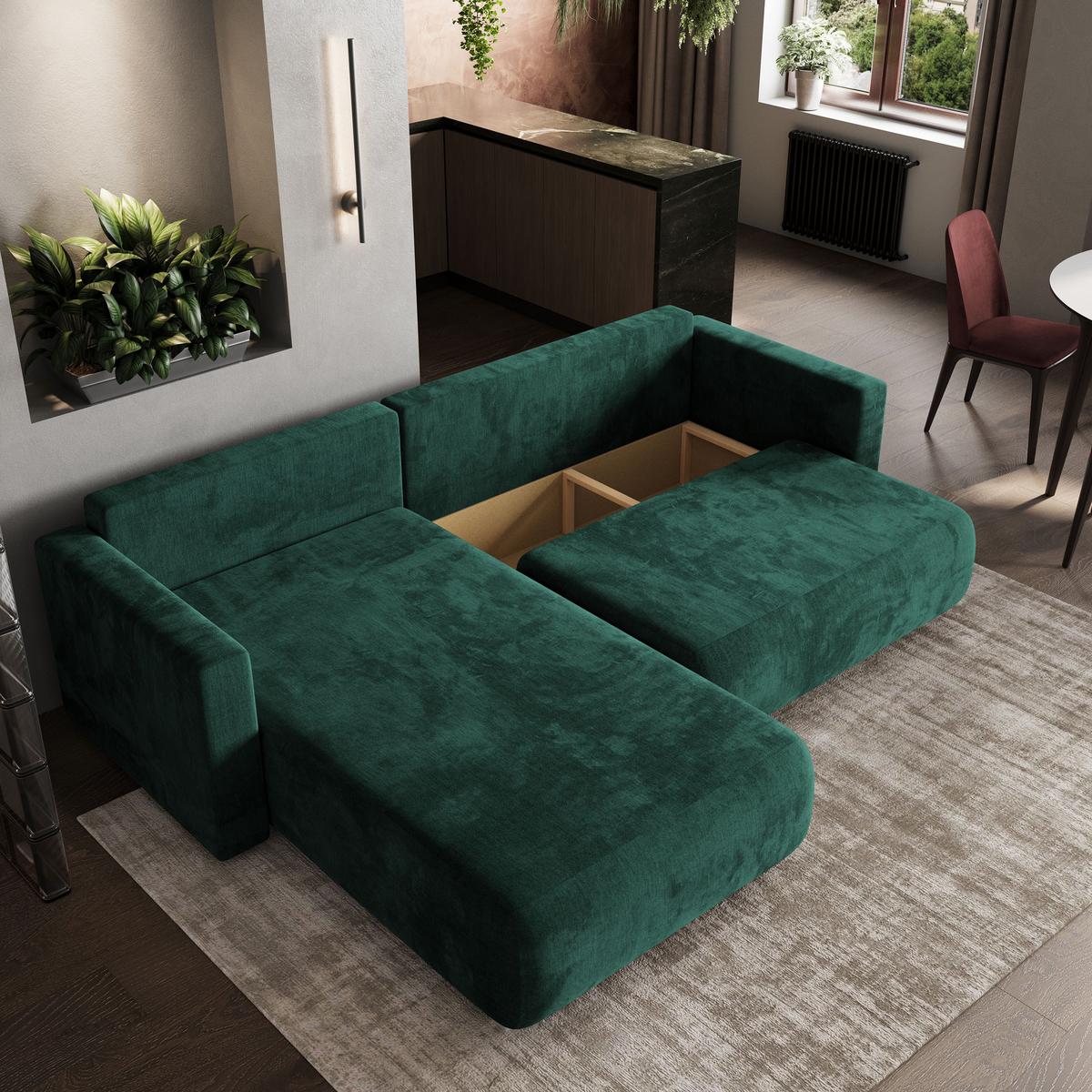 ECKSOFA TURIN M Grün Velours-Stoff mit Schlaffunktion - Grau/Grün, Holz/Kunststoff (265/183cm) - MASSENO