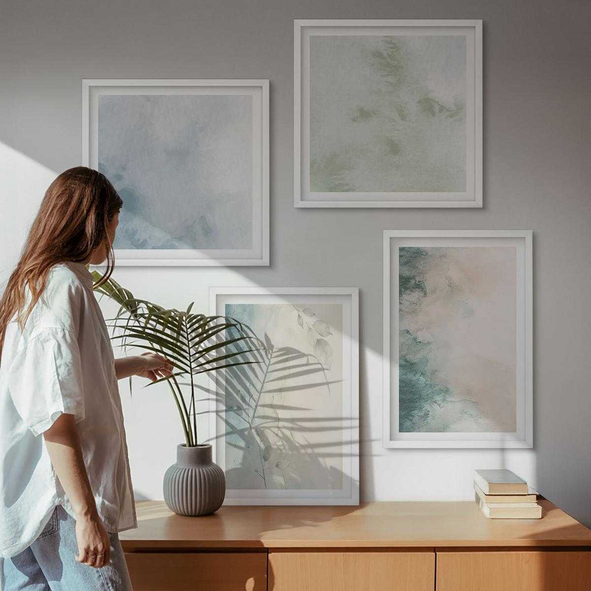 BILDER SET 4er Set - 50x50 cm & 40x60 cm Weißer Rahmen - Aquarell-Leinwandstil - Weiß, Kunststoff (50/50cm) - TULUP