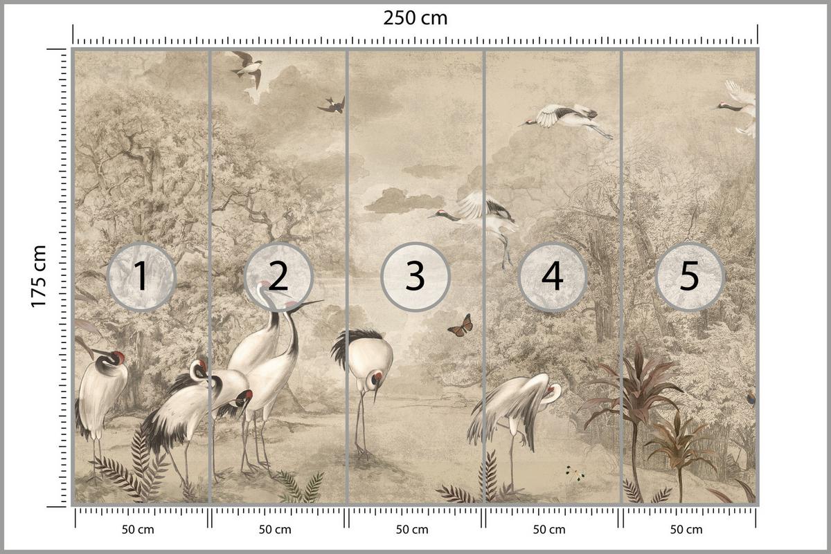 FOTOTAPETE für Schlafzimmer Retro Kraniche Wald Bäume Vögel 250x175 - Beige/Rot, Papier (250/175cm) - Muralo
