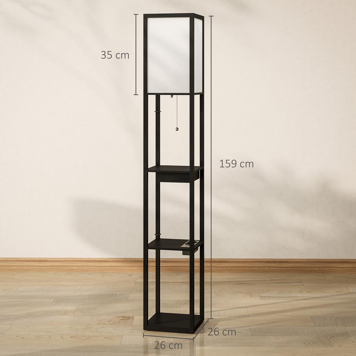 STEHLAMPE, Stehleuchte mit 3 Fächern, E27 Sockel, USB-A, USB-C Anschlüssen - Schwarz, Holzwerkstoff (26/26/159cm) - HOMCOM