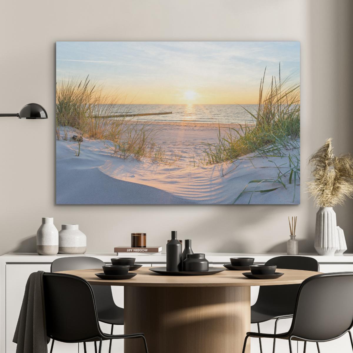 AKUSTIKBILD Strand - Sonne - Düne - Gras - Sand - Horizont Wandbild Wohnzimmer 100x70 cm - Hellblau, Kunststoff (100/70/0.9cm) - MuchoWow
