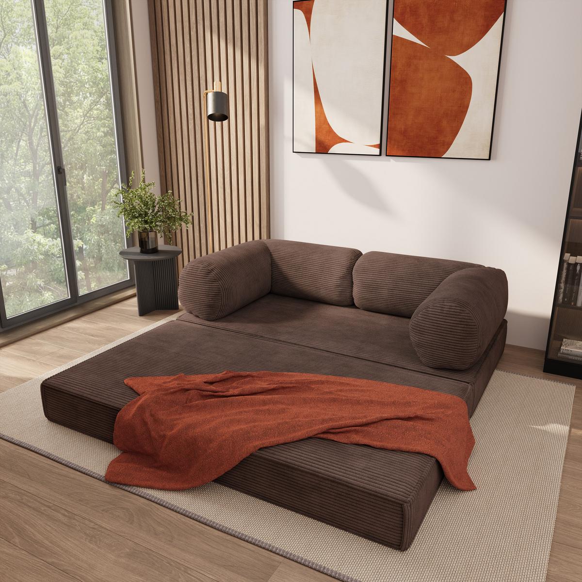 BETTSOFA ALVIO aus Schaumstoff Kordstoff Braun Schlaffunktion - Braun, Textil (170/68/80cm) - MASSENO
