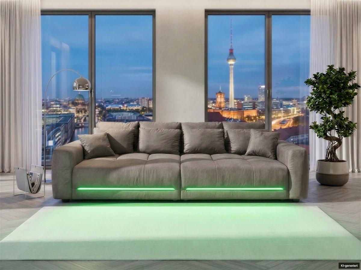 BIG-SOFA Federkern B294/T136/H86 cm, RGB-LED-Beleuchtung mit Fernbedienung, Mikrofaserstoff in Hellgrau / 15416 - Hellgrau/Schwarz, Kunststoff/Textil (294/86/136cm) - luma-home