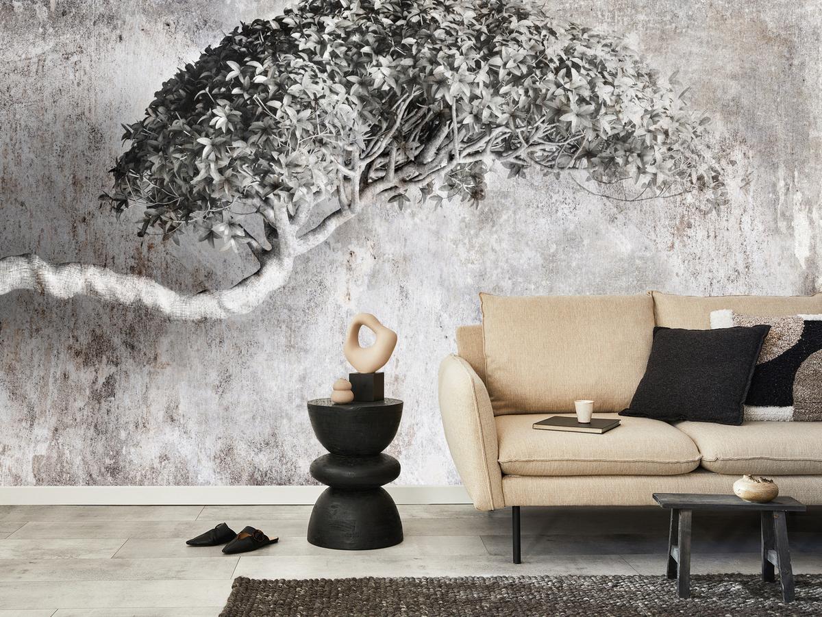 FOTOTAPETE Abstrakter Baum Beton 3D Effekt 400x280 - Schwarz/Grau, Papier (400/280cm) - Muralo